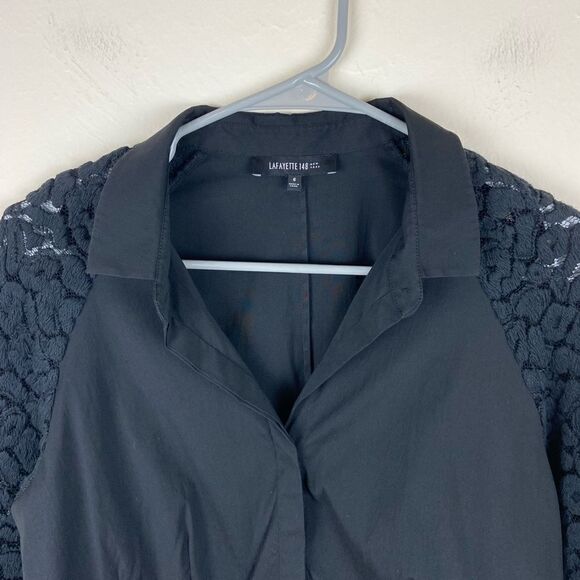 Lafayette 148 Collared 3/4 Lace-Sleeve Button-Down Shirt - Black - Picture 7 of 7